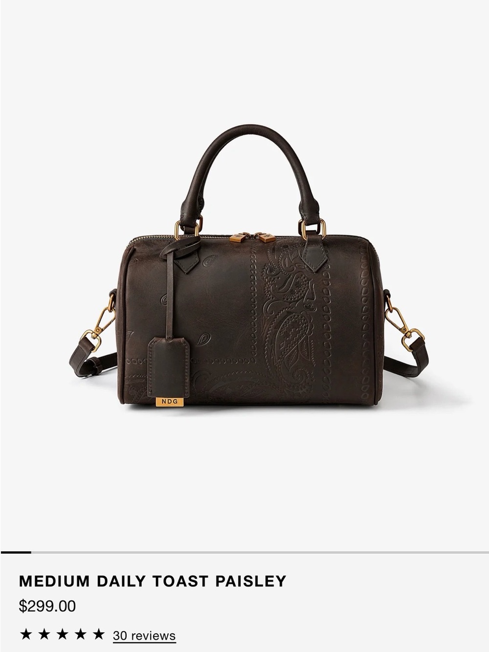 NDG Paris Medium Boston Bag in Daily Toast Paisley Leather Satchel - Dark Brown